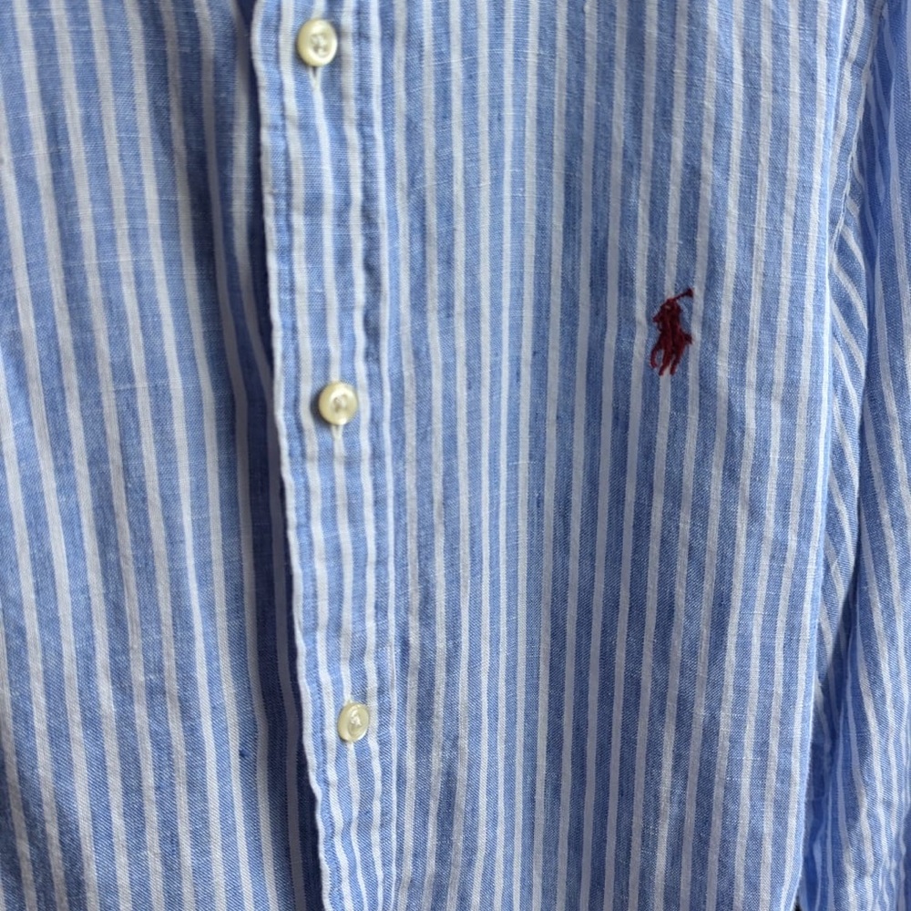 Ralph Lauren Linen Light Blue Striped Button Down Shirt